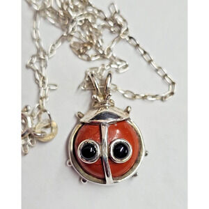 Signed 18" Sterling Silver Jasper Onyx Ladybug Necklace & Pendant